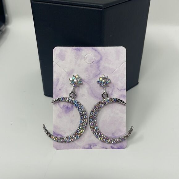 Moon Iridescent Rhinestone Crystal Post Drop Earrings - Picture 7 of 9